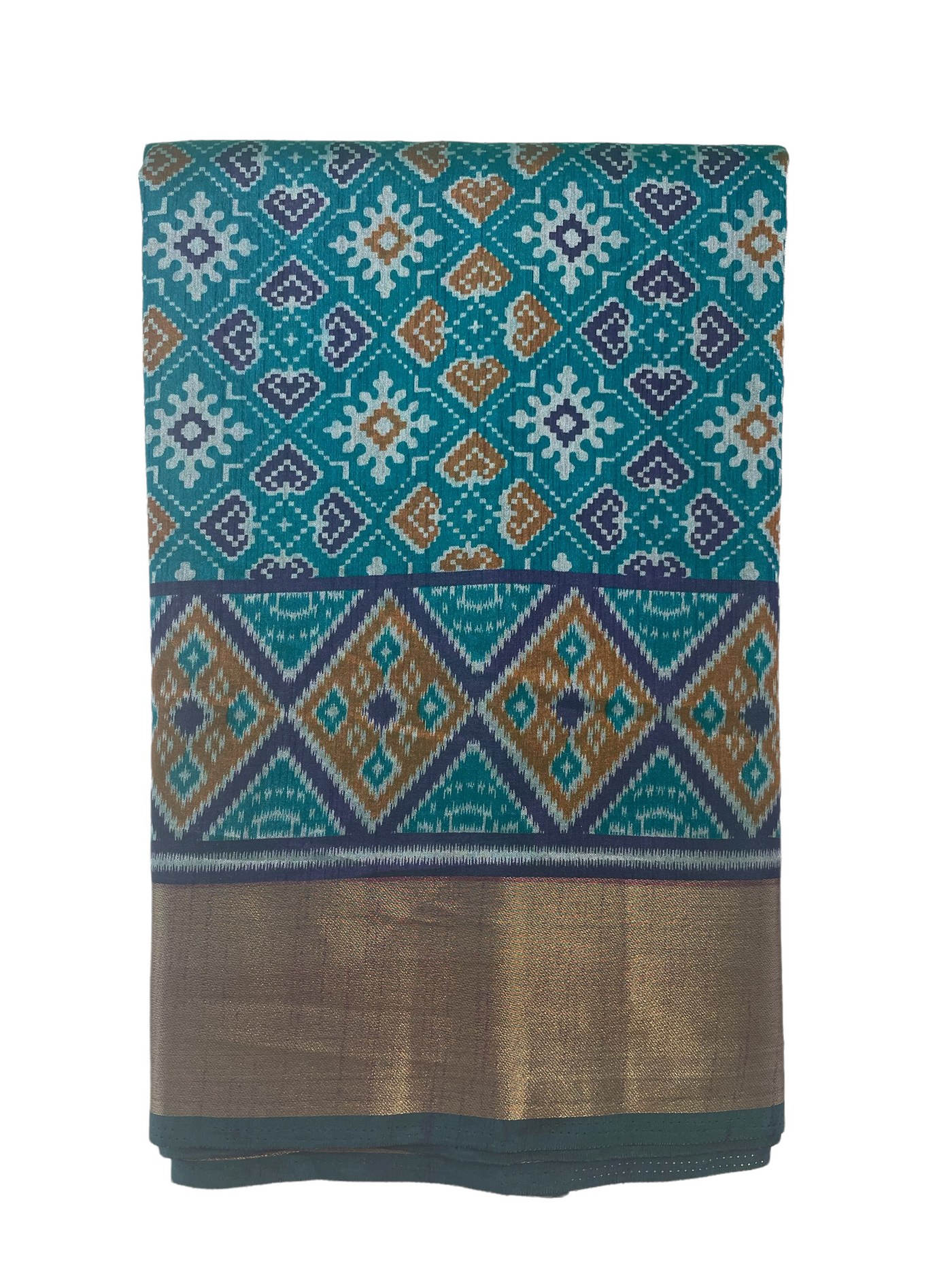 Green, violet, and mustard Patola print silk saree with zari border