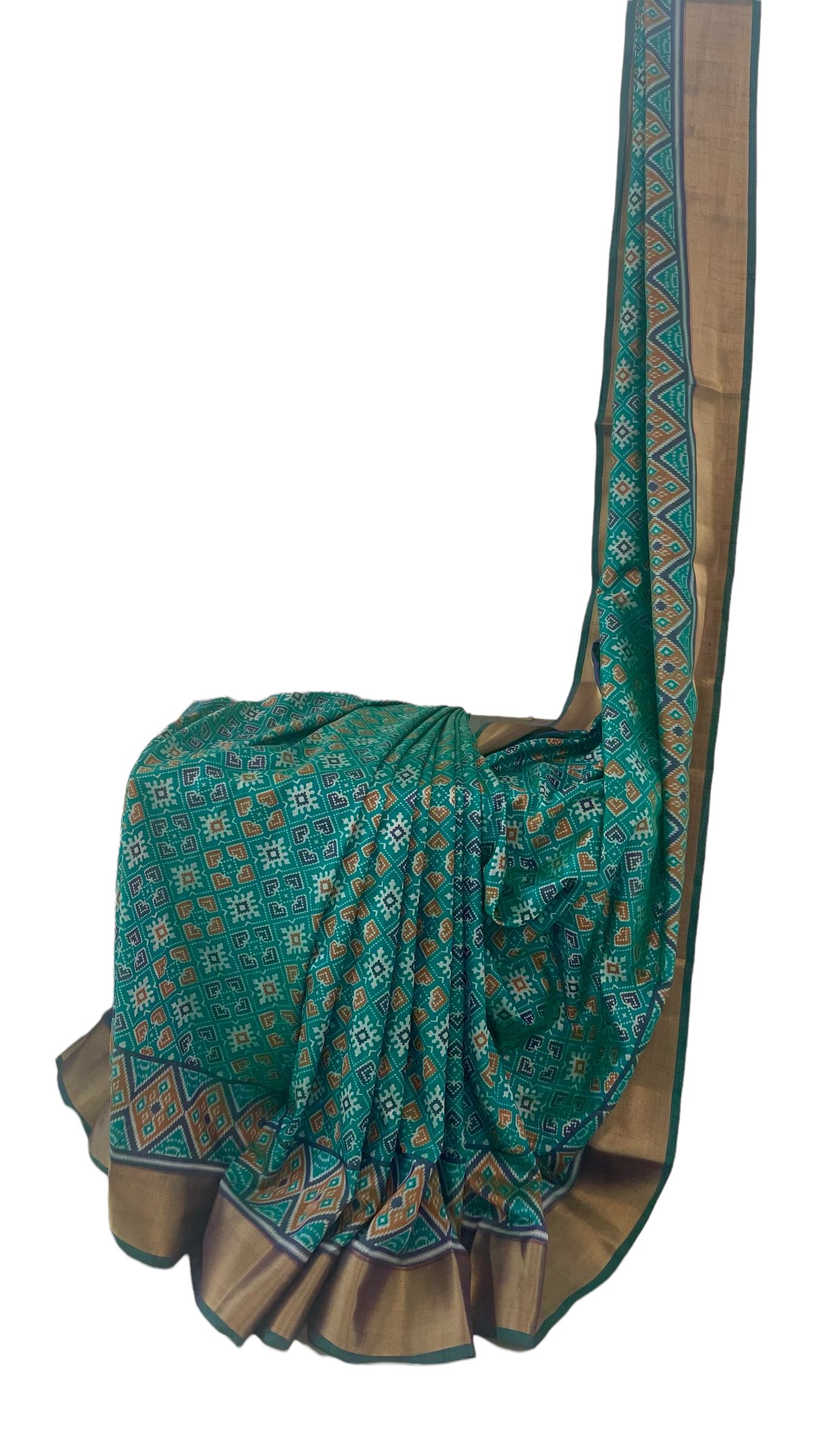 Green, violet, and mustard Patola print silk saree with zari border