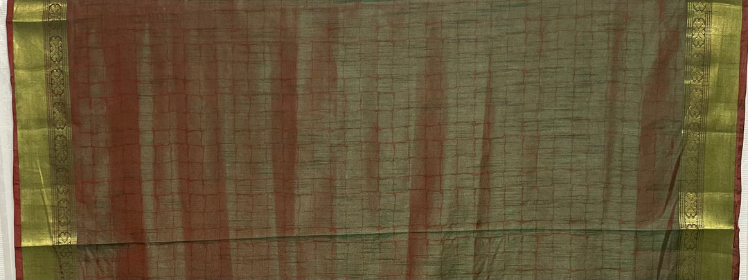 Red and green Patola print silk saree with zari border