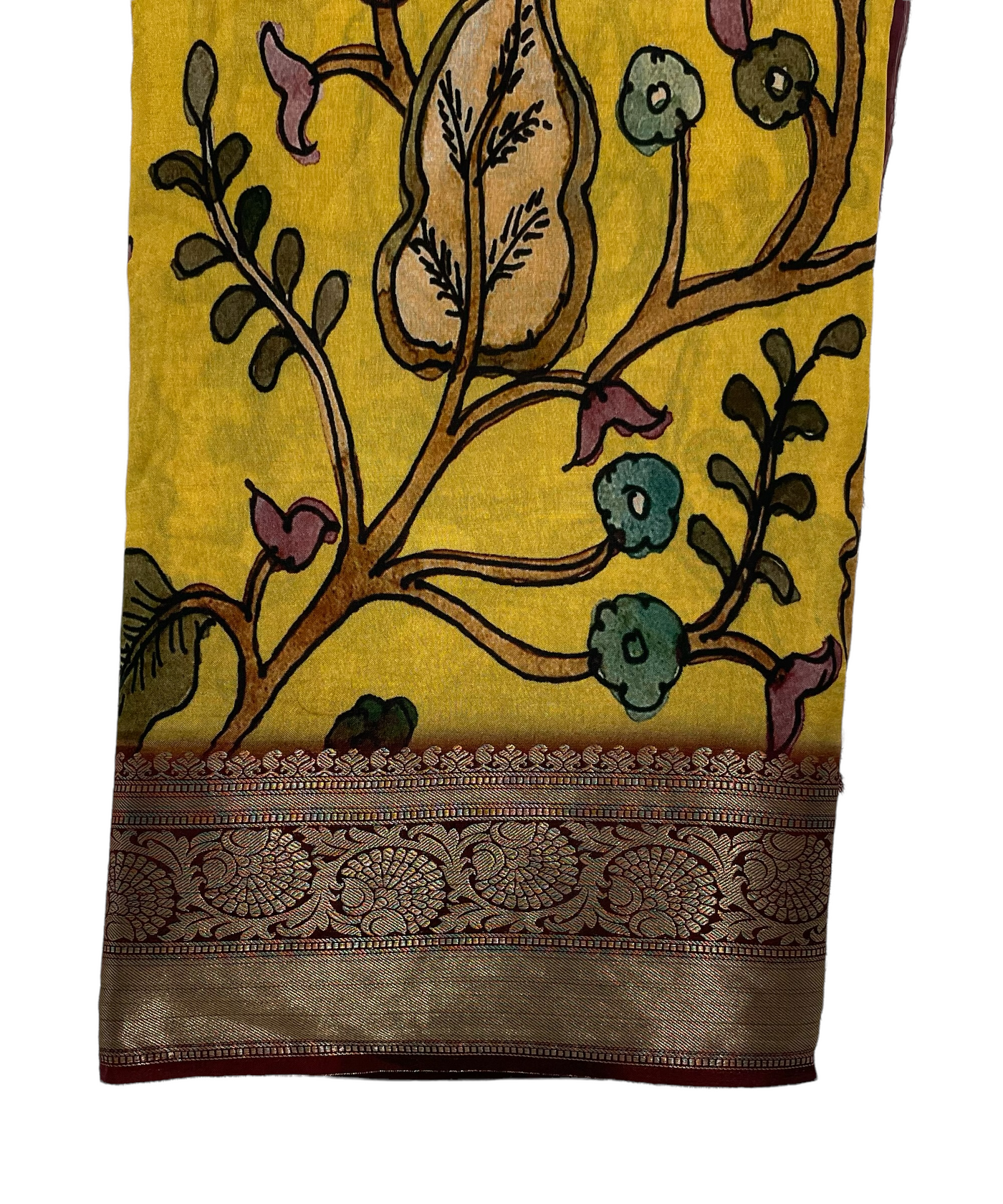 Kalamkari printed crepe silk saree with kanchi style zari