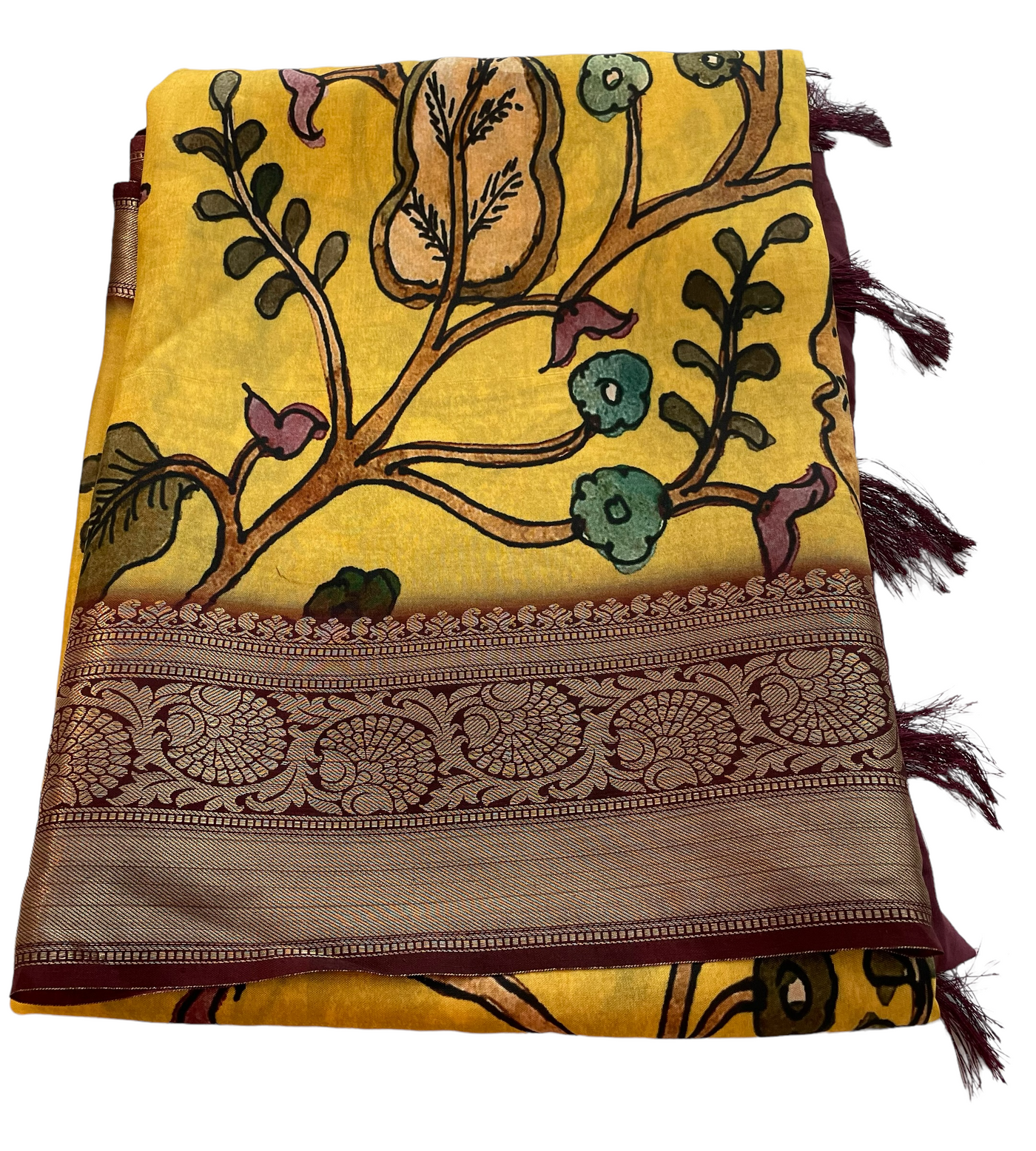 Kalamkari printed crepe silk saree with kanchi style zari