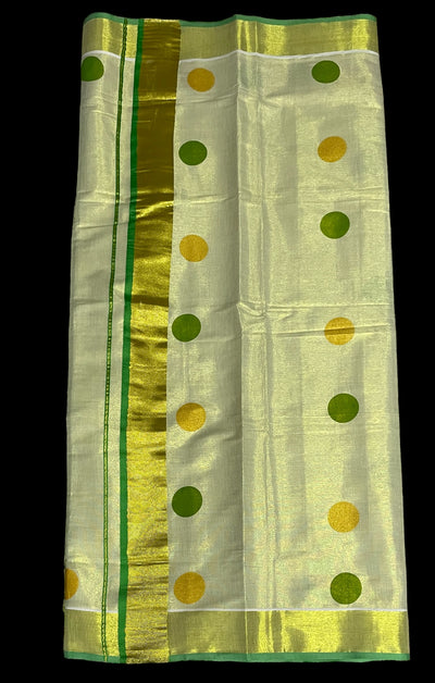 Kerala tissue saree with light green polka dots