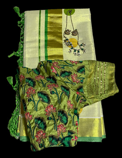 Kerala tissue saree with light green polka dots