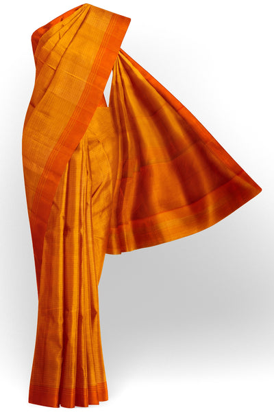 Mango yellow small checks tussar silk saree