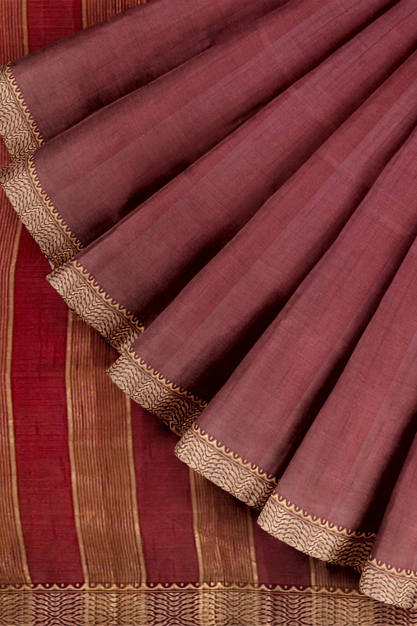 Maroon tussar silk saree with gold and dull gold zari border