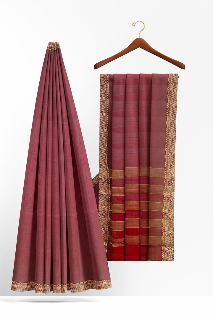Maroon tussar silk saree with gold and dull gold zari border