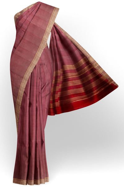 Maroon tussar silk saree with gold and dull gold zari border