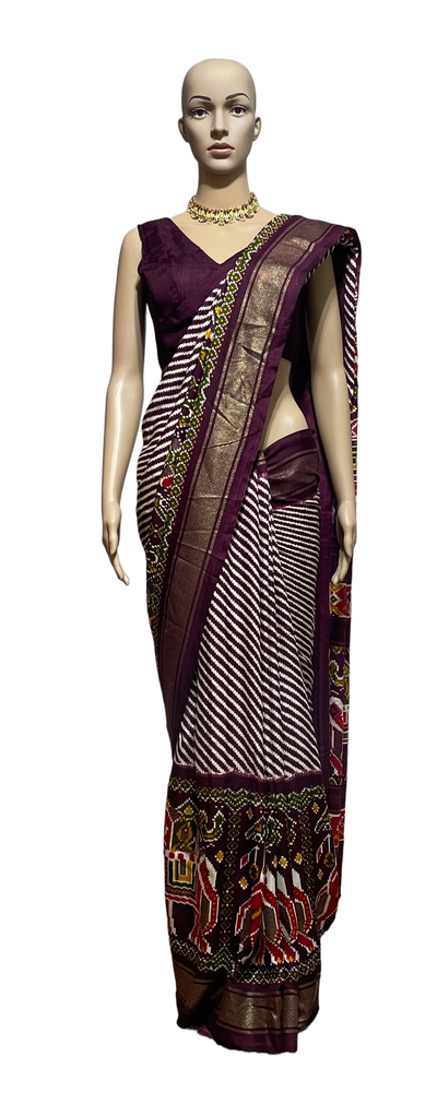 Wine and White Lehariya Patola Saree and blouse set