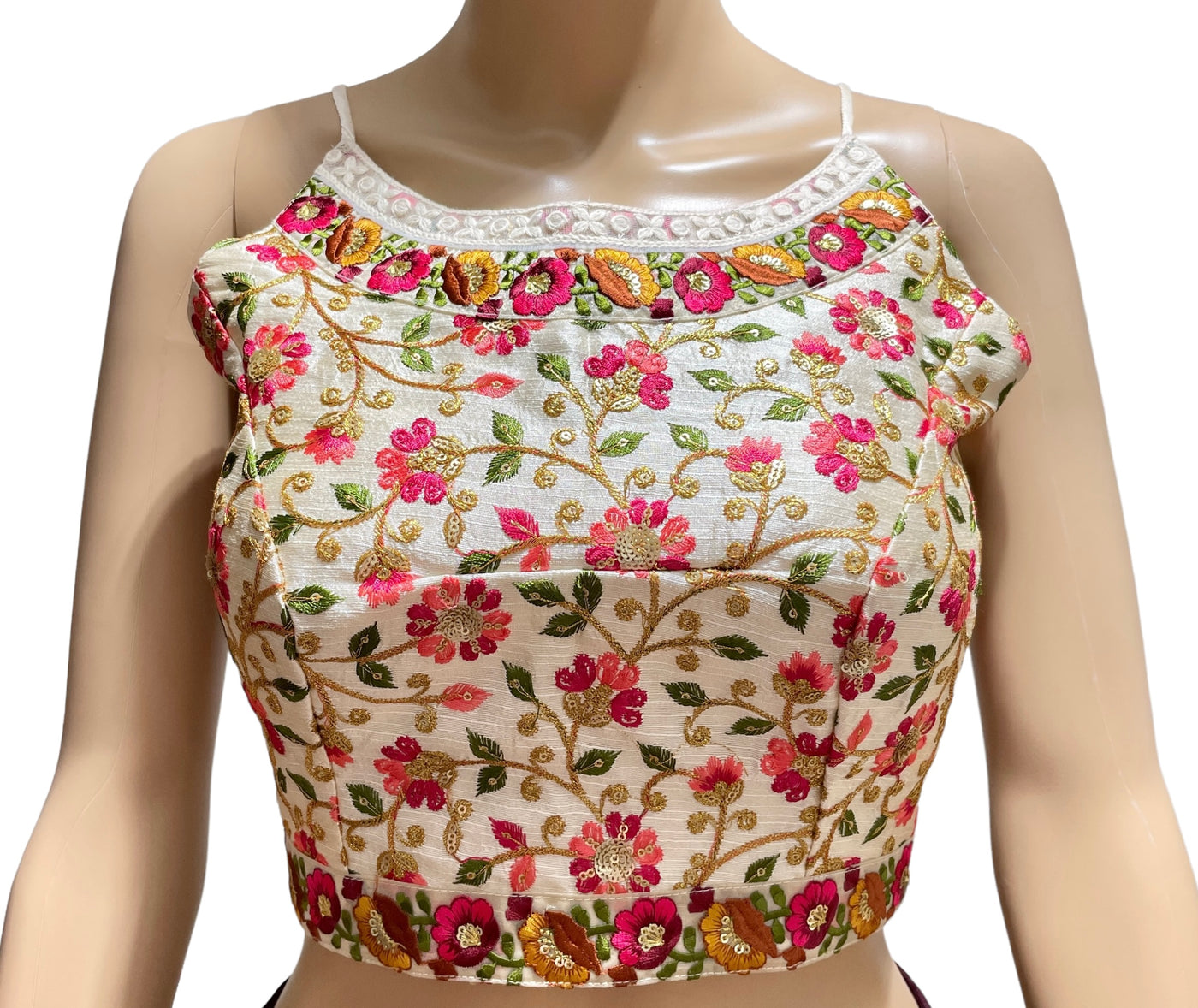 White floral embroidered spaghetti strap blouse