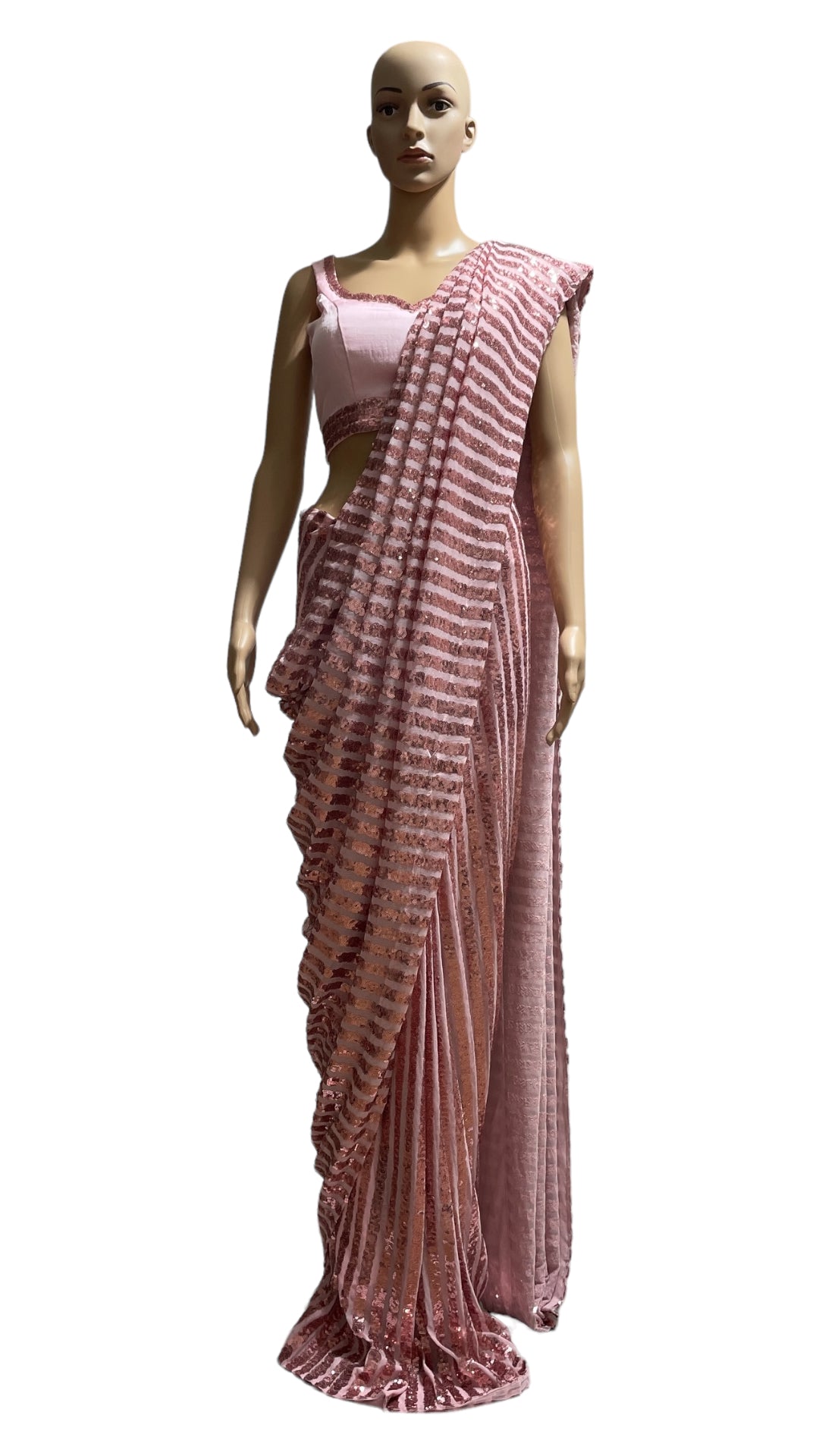 Pink Sequins striped Prepleated saree set