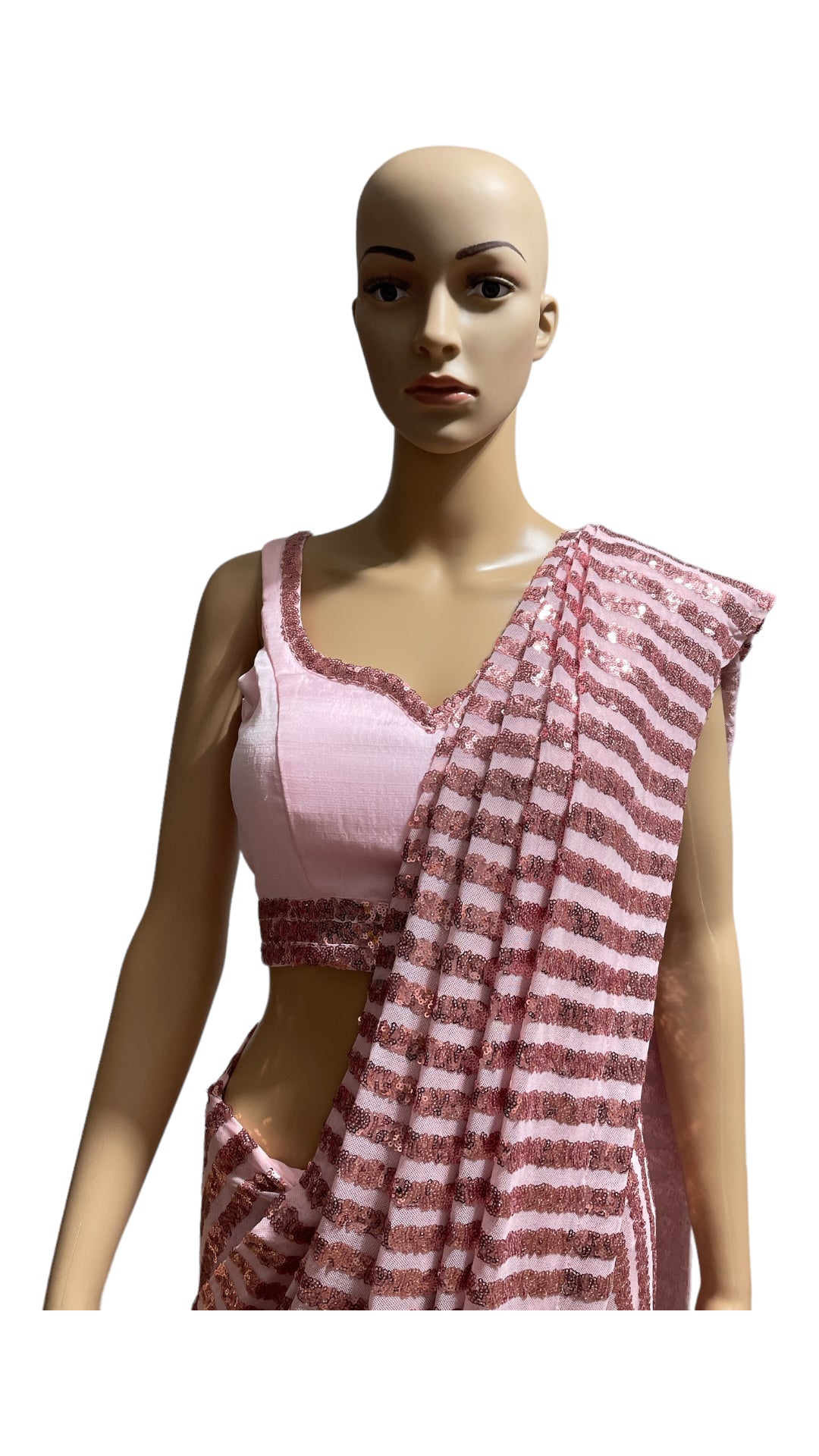 Pink Sequins striped Prepleated saree set