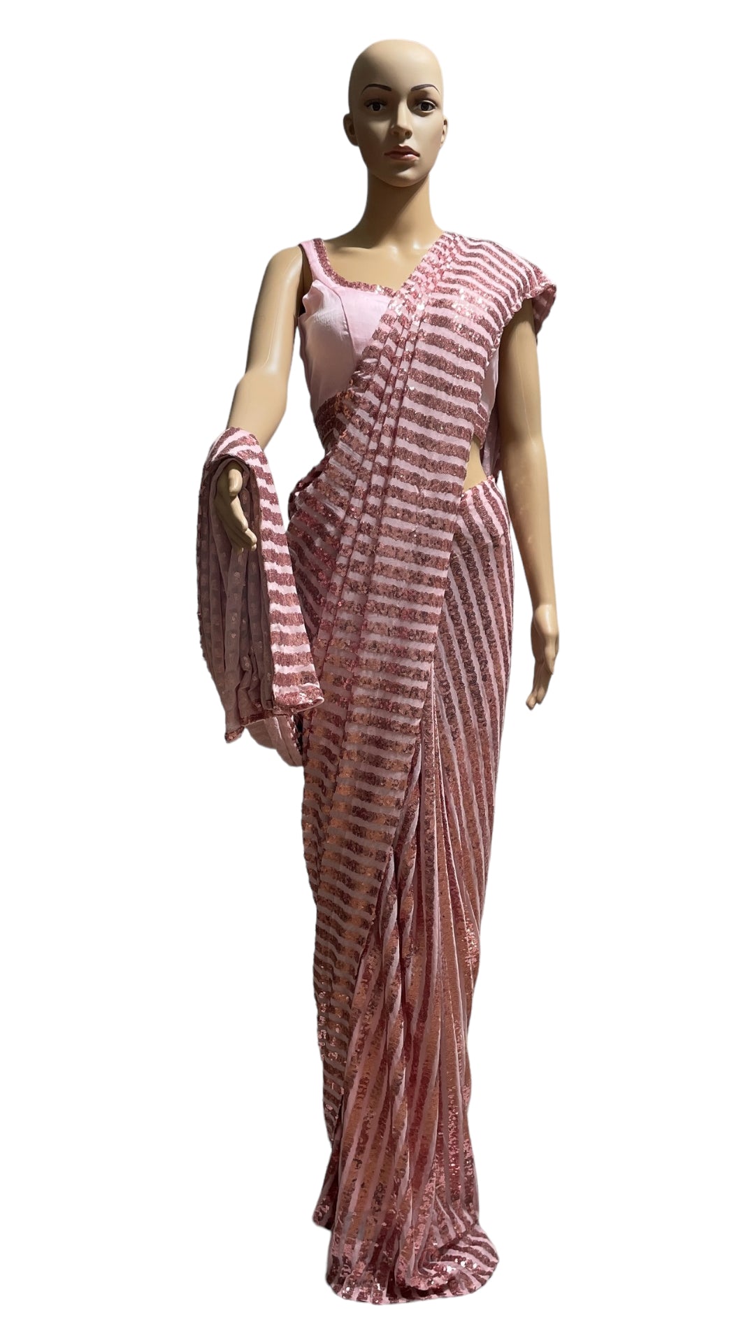 Pink Sequins striped Prepleated saree set