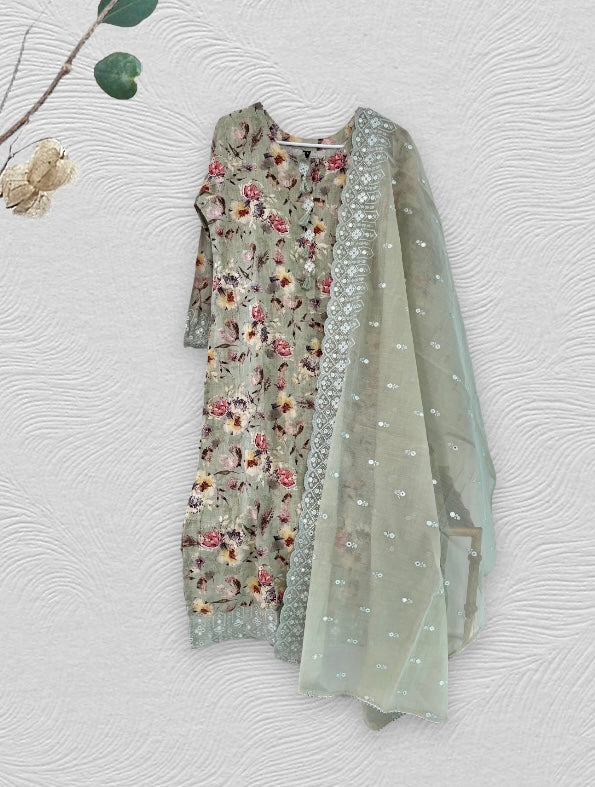 Pista green Linen Kurta set with Dupatta