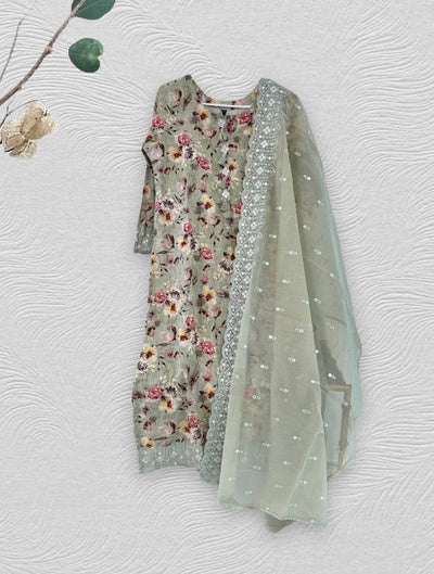 Pista green Linen Kurta set with Dupatta