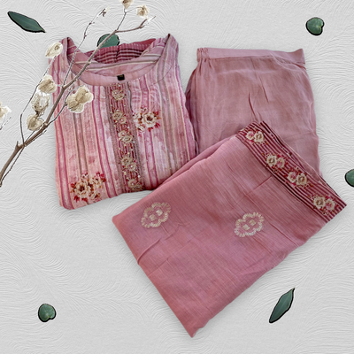 Printed Pink Silk Kurta set with Dupatta