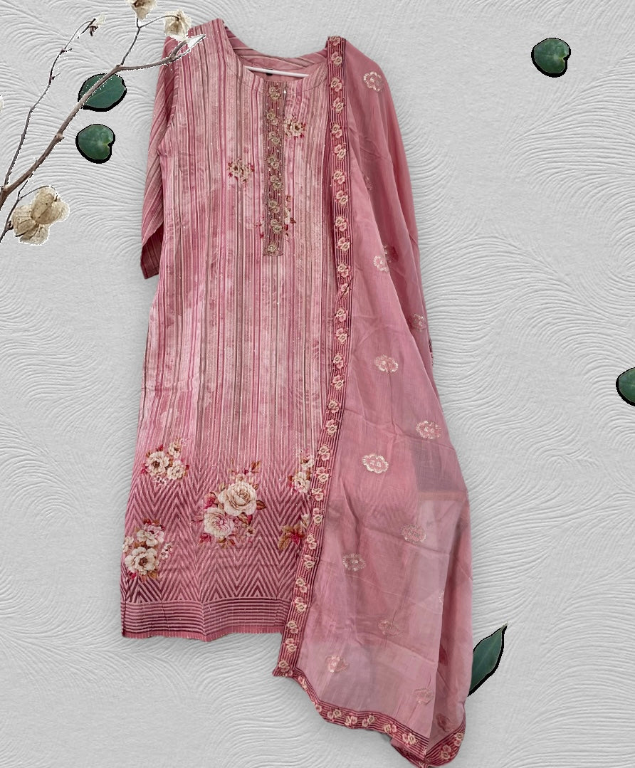 Printed Pink Silk Kurta set with Dupatta