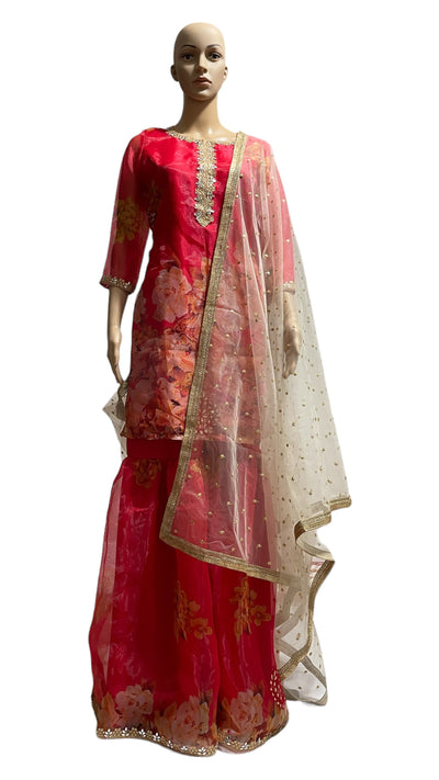 Red Floral Organza Sharara set