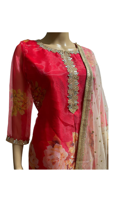 Red Floral Organza Sharara set