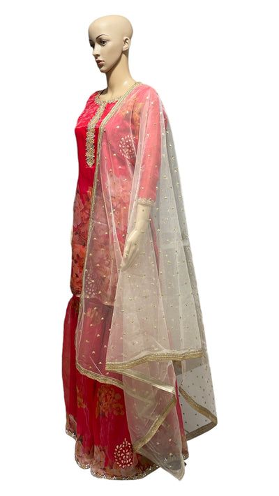 Red Floral Organza Sharara set