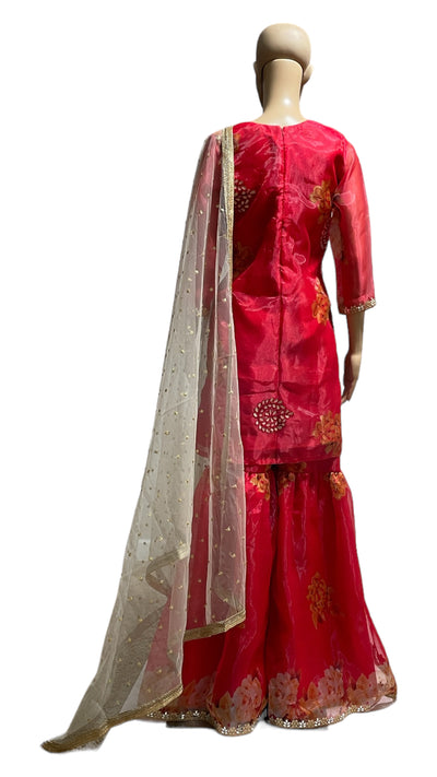 Red Floral Organza Sharara set