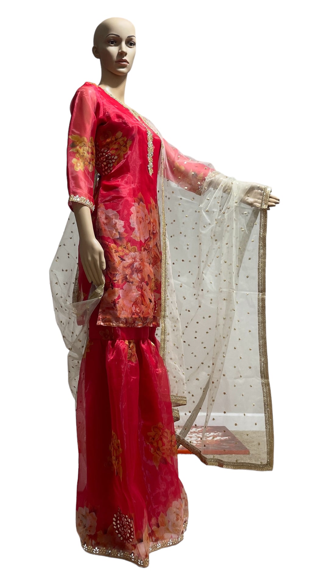 Red Floral Organza Sharara set