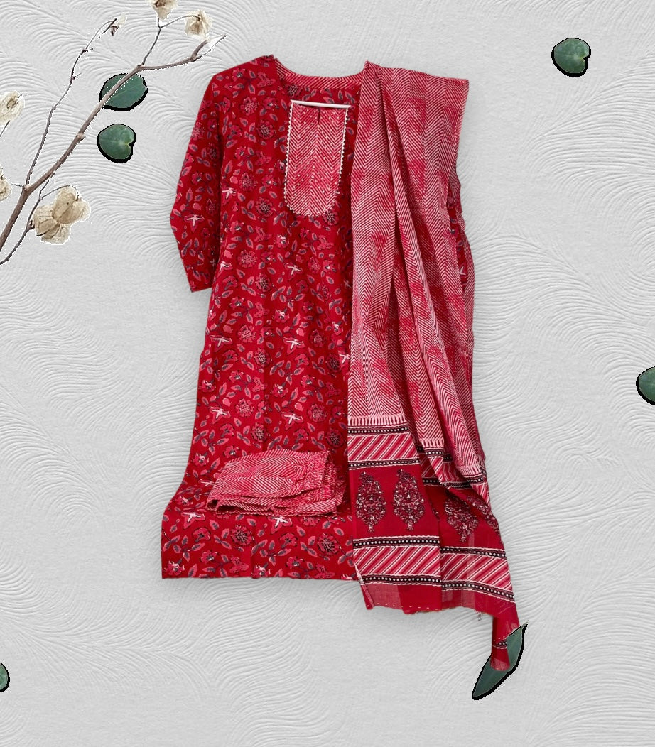 Printed Red suit set with Dupatta