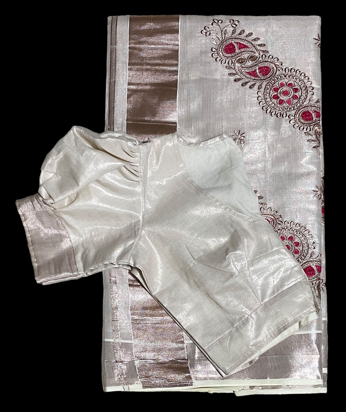 Rose Copper tissue embroidery Kerala Saree and blouse set