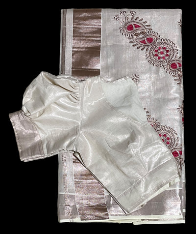 Rose Copper tissue embroidery Kerala Saree and blouse set