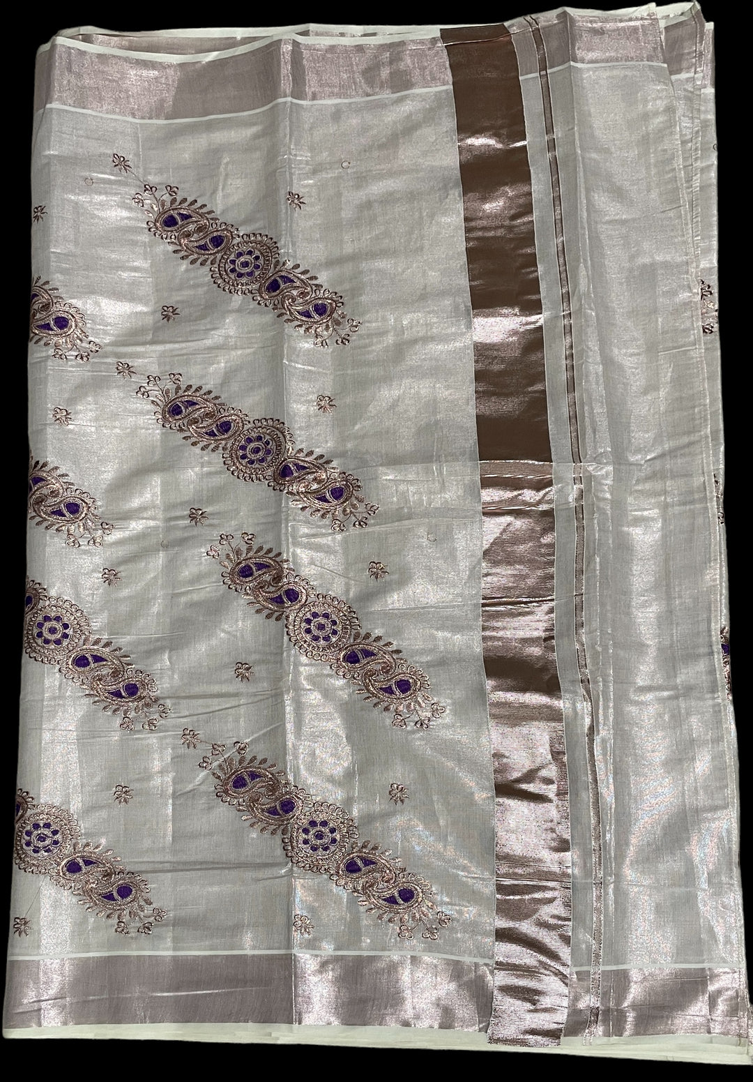 Rose Copper tissue embroidery Kerala Saree and blouse set