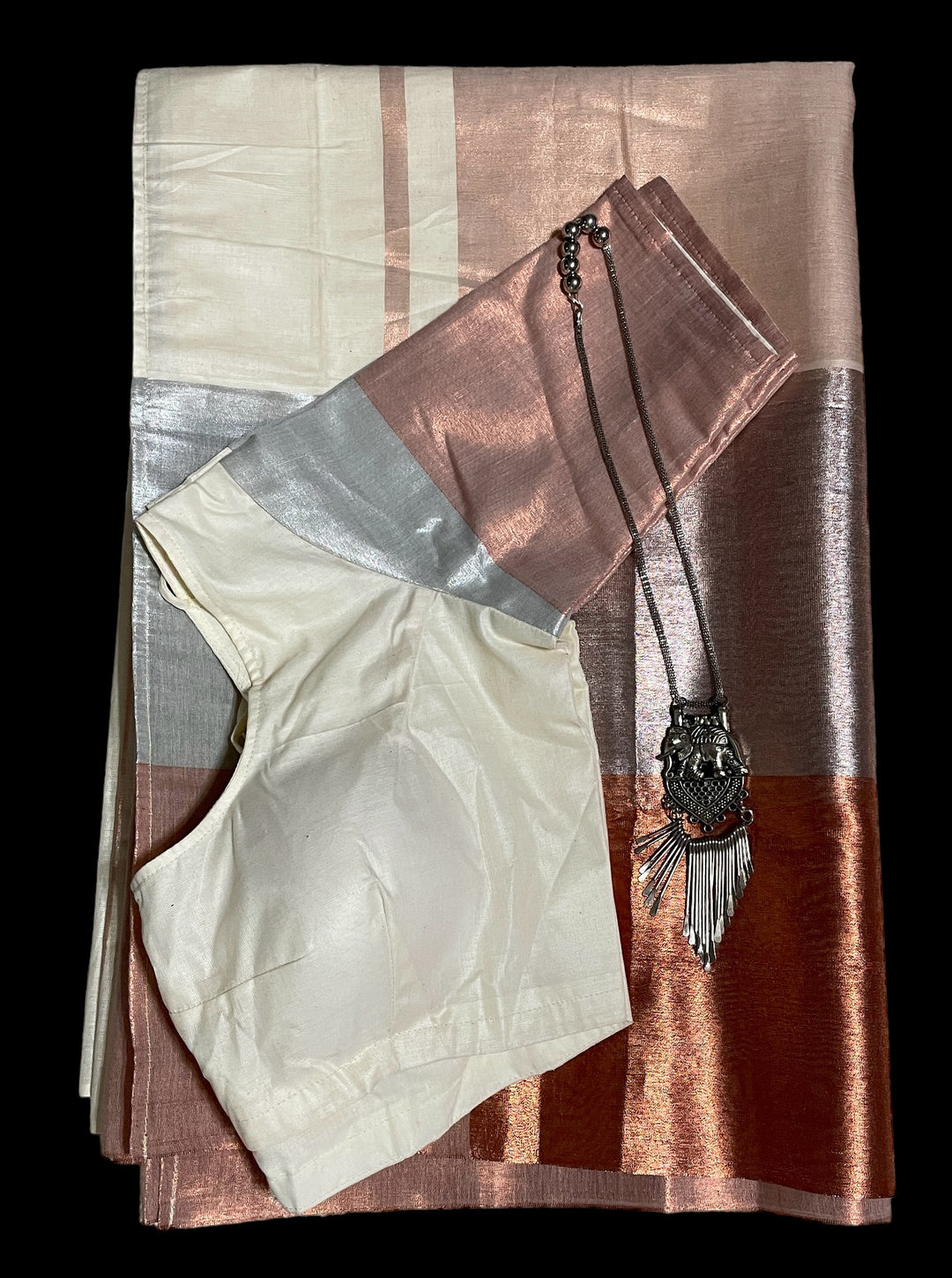 Silver Rose Copper Kerala Saree and blouse set