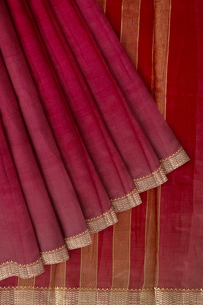 Brick Red tussar silk saree with gold and dull gold zari border