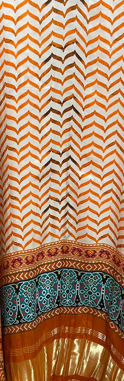 White and Orange Gajji Silk Kaftan Set