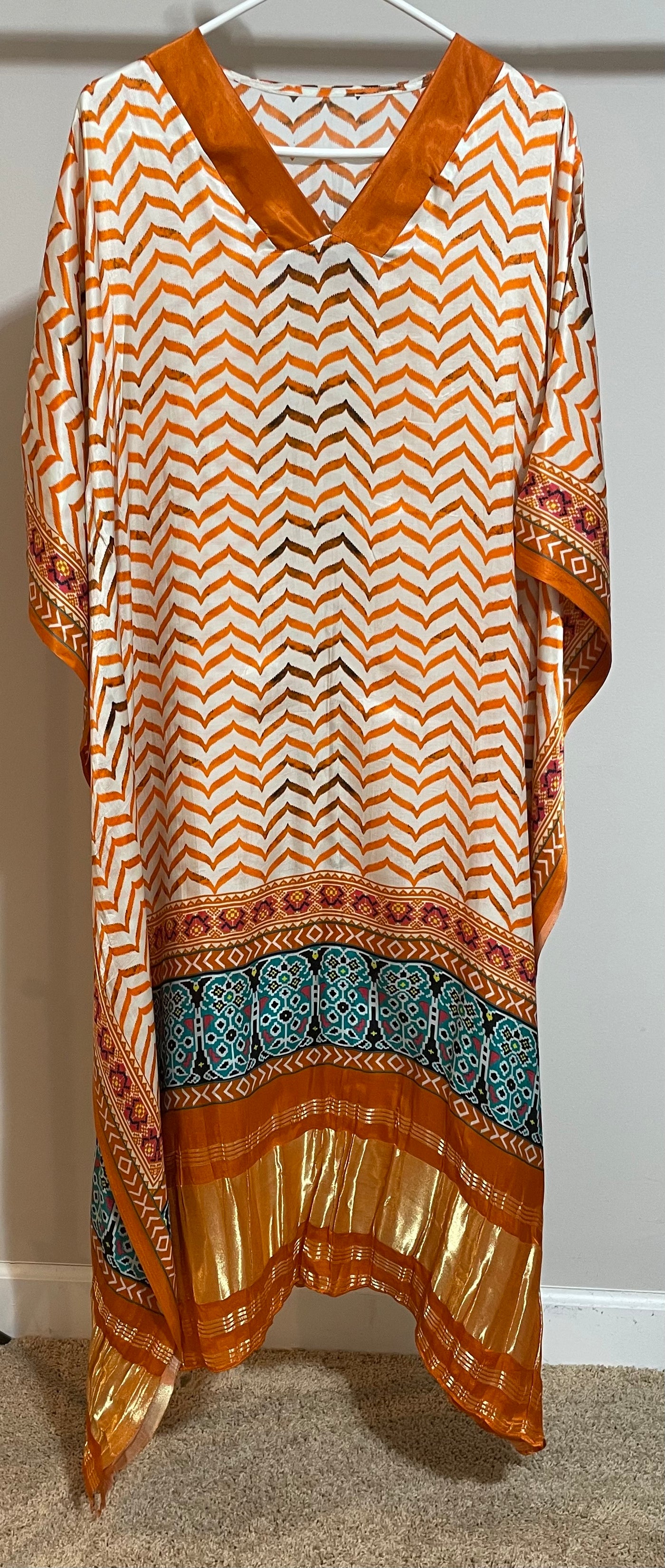 White and Orange Gajji Silk Kaftan Set