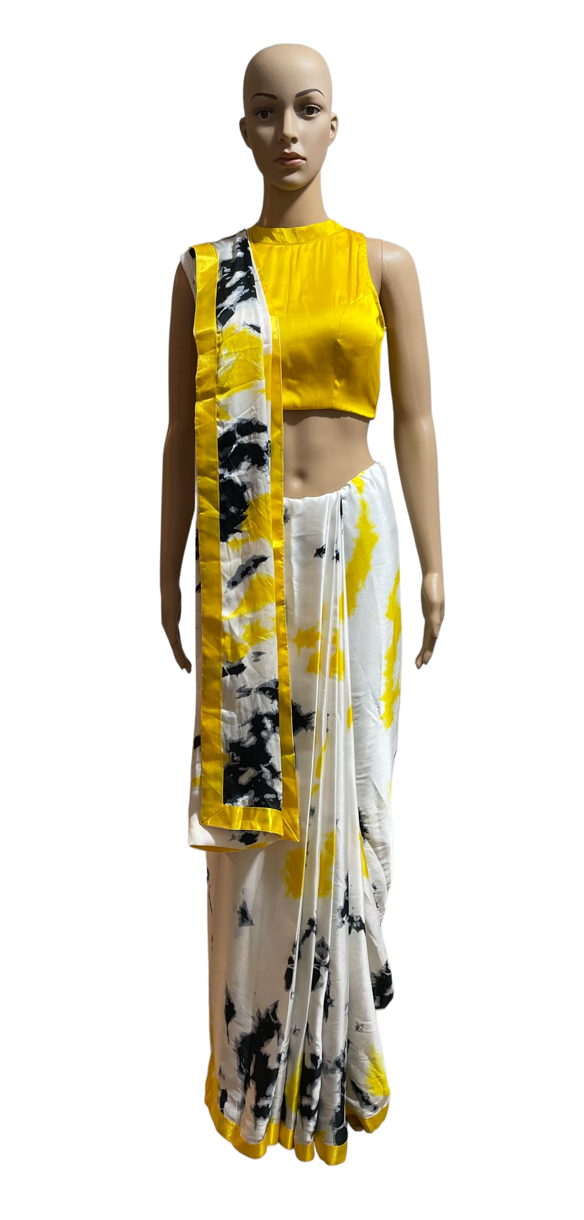 White Yellow Japan Satin saree and blouse set