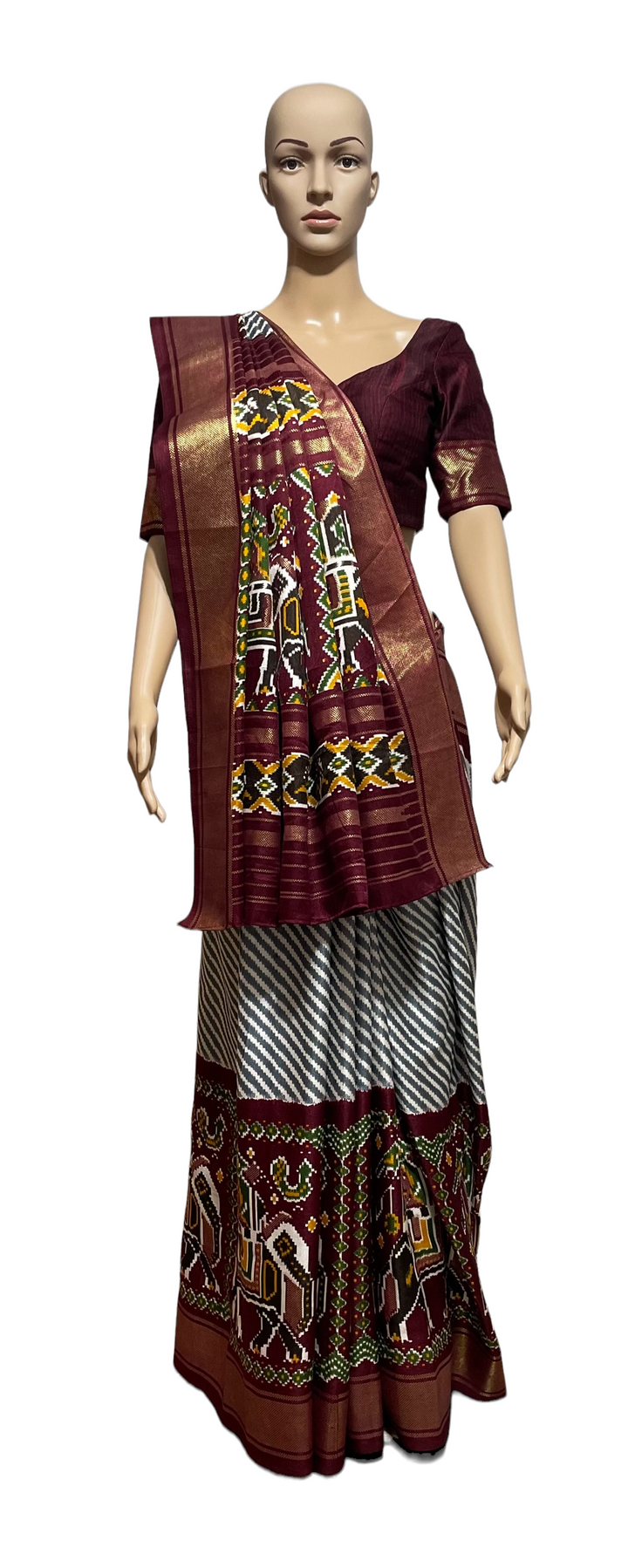 Wine Color Lehariya Patola Saree and blouse set