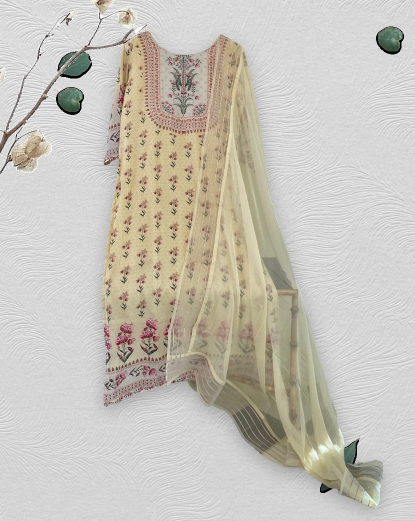 Yellow printed silk kurta set with dupatta