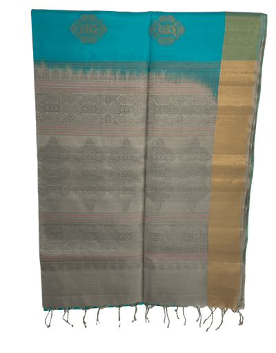 Aqua and beige Soft Silk Saree - Mystic Dhaaga