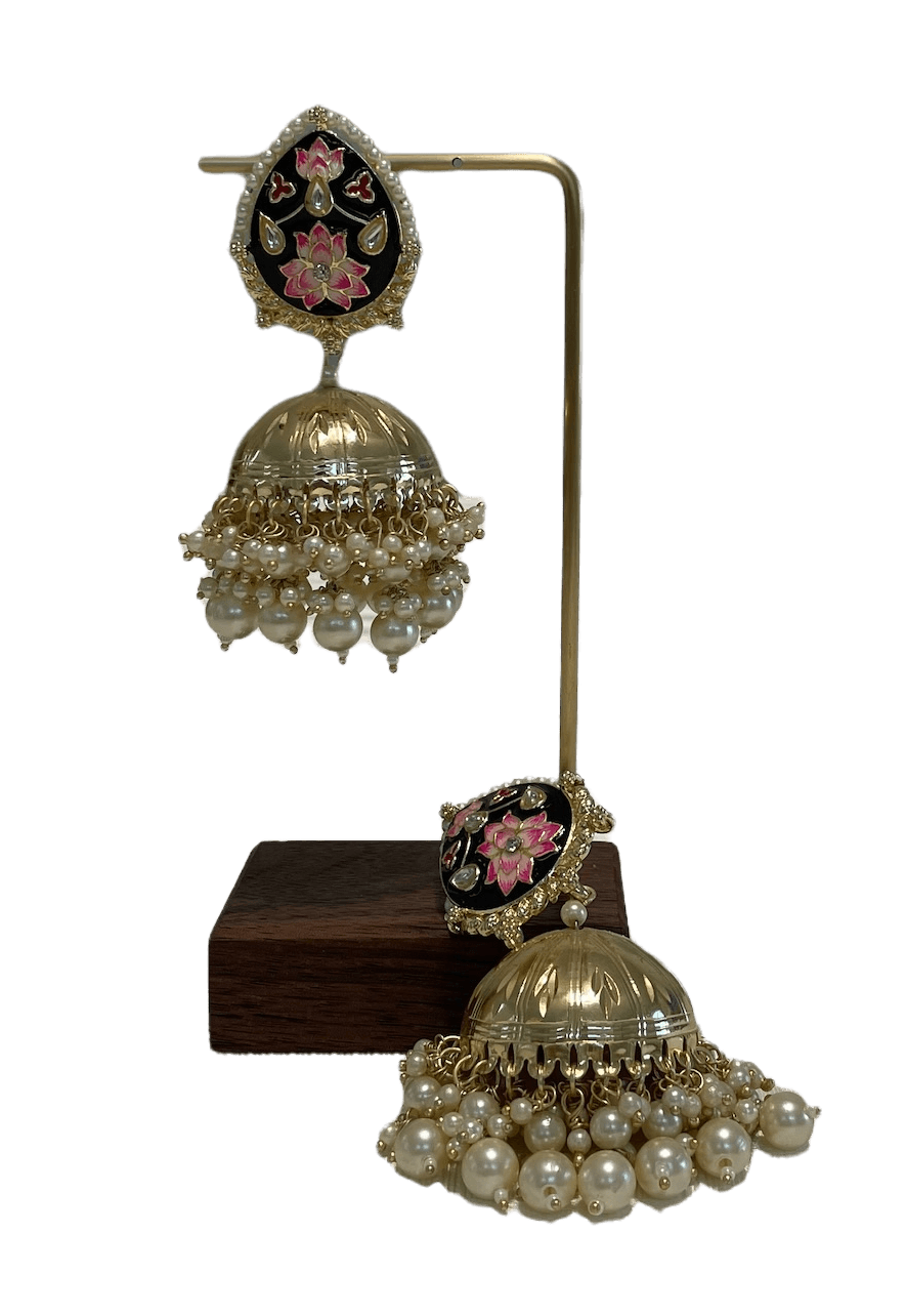 Big dull gold Jhumka with black stud - Mystic Dhaaga