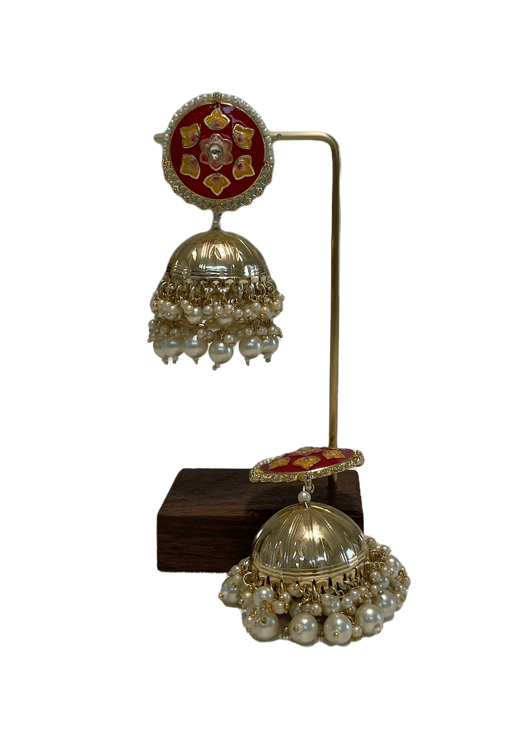 Big dull gold Jhumka with pearls and red stud - Mystic Dhaaga