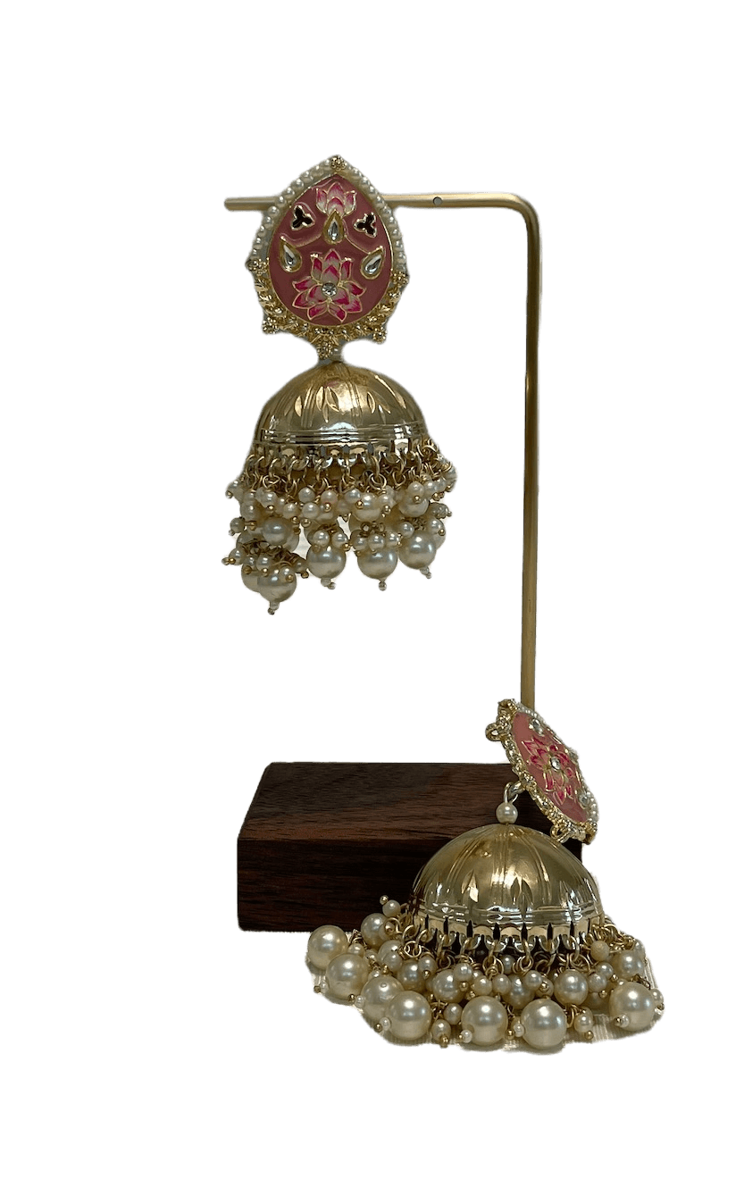 Big dull gold Jhumka with pink stud - Mystic Dhaaga