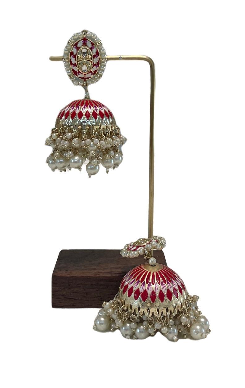 Big Red Meenakari Jhumka with red stud - Mystic Dhaaga