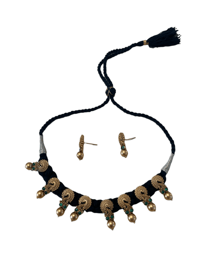 Black Braided Necklace with Peacock Motifs - Mystic Dhaaga