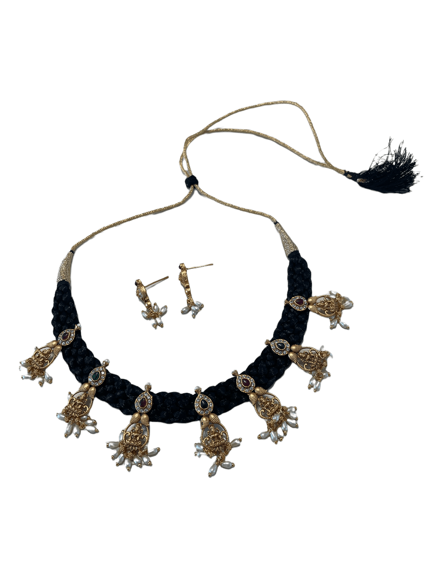 Black braided rope necklace with Lakshmi motifs - Mystic Dhaaga