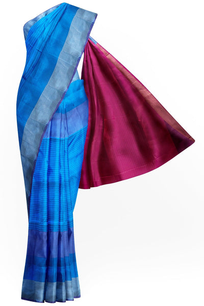 Blue and red striped cotton silk saree - Mystic Dhaaga