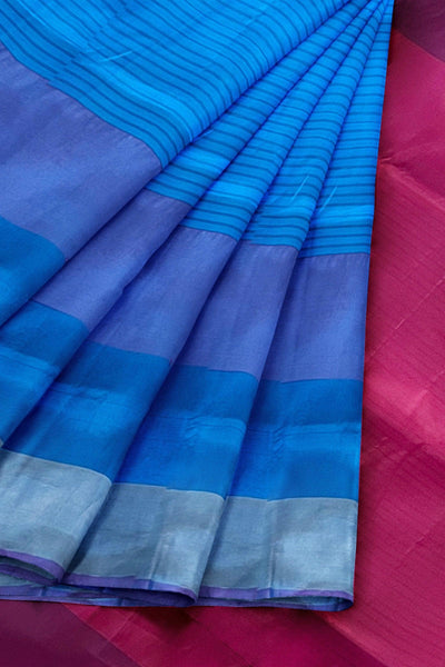 Blue and red striped cotton silk saree - Mystic Dhaaga