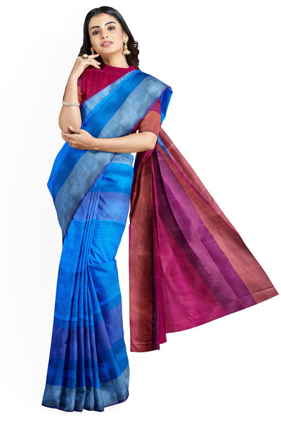 Blue and red striped cotton silk saree - Mystic Dhaaga