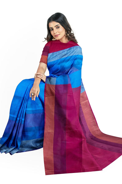 Blue and red striped cotton silk saree - Mystic Dhaaga