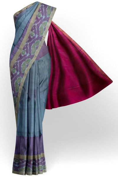 Bluish Gray silk cotton saree with purple Pochampally border - Mystic Dhaaga