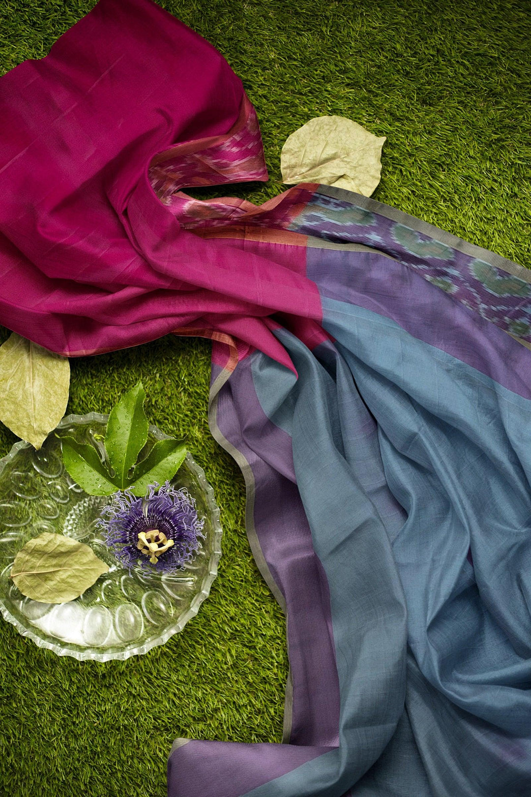 Bluish Gray silk cotton saree with purple Pochampally border - Mystic Dhaaga