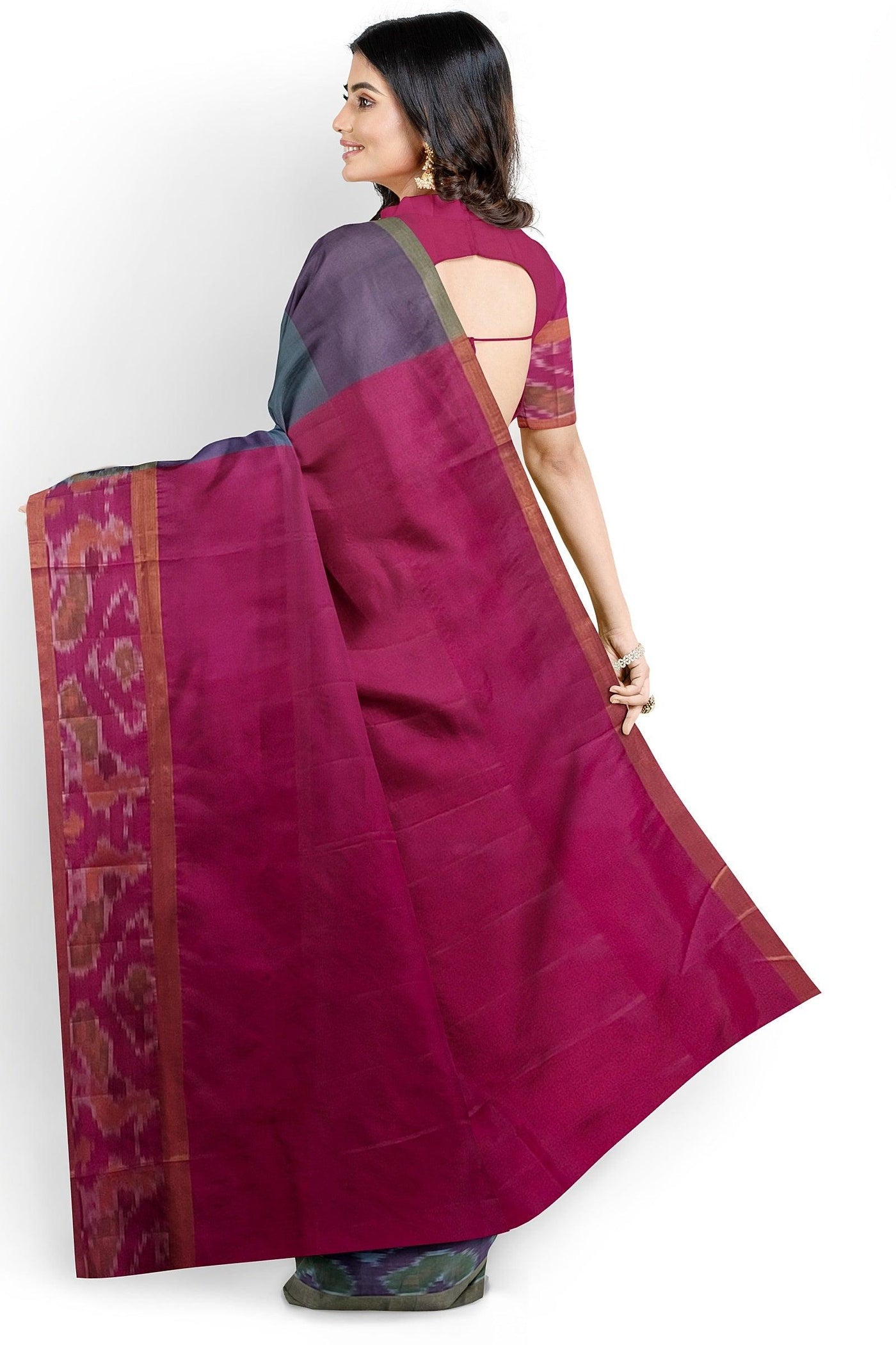 Bluish Gray silk cotton saree with purple Pochampally border - Mystic Dhaaga